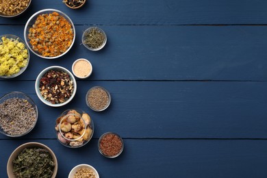 Photo of Many different dry herbs, flowers and seeds on blue wooden table, flat lay. Space for text
