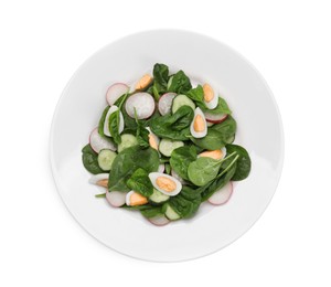 Delicious salad with boiled eggs, radish and spinach isolated on white, top view
