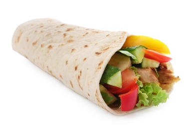 Delicious meat tortilla wrap isolated on white