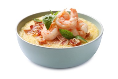 Fresh tasty shrimps, bacon, grits and basil in bowl isolated on white