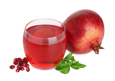 Photo of Refreshing pomegranate juice in glass, leaves and fruit isolated on white