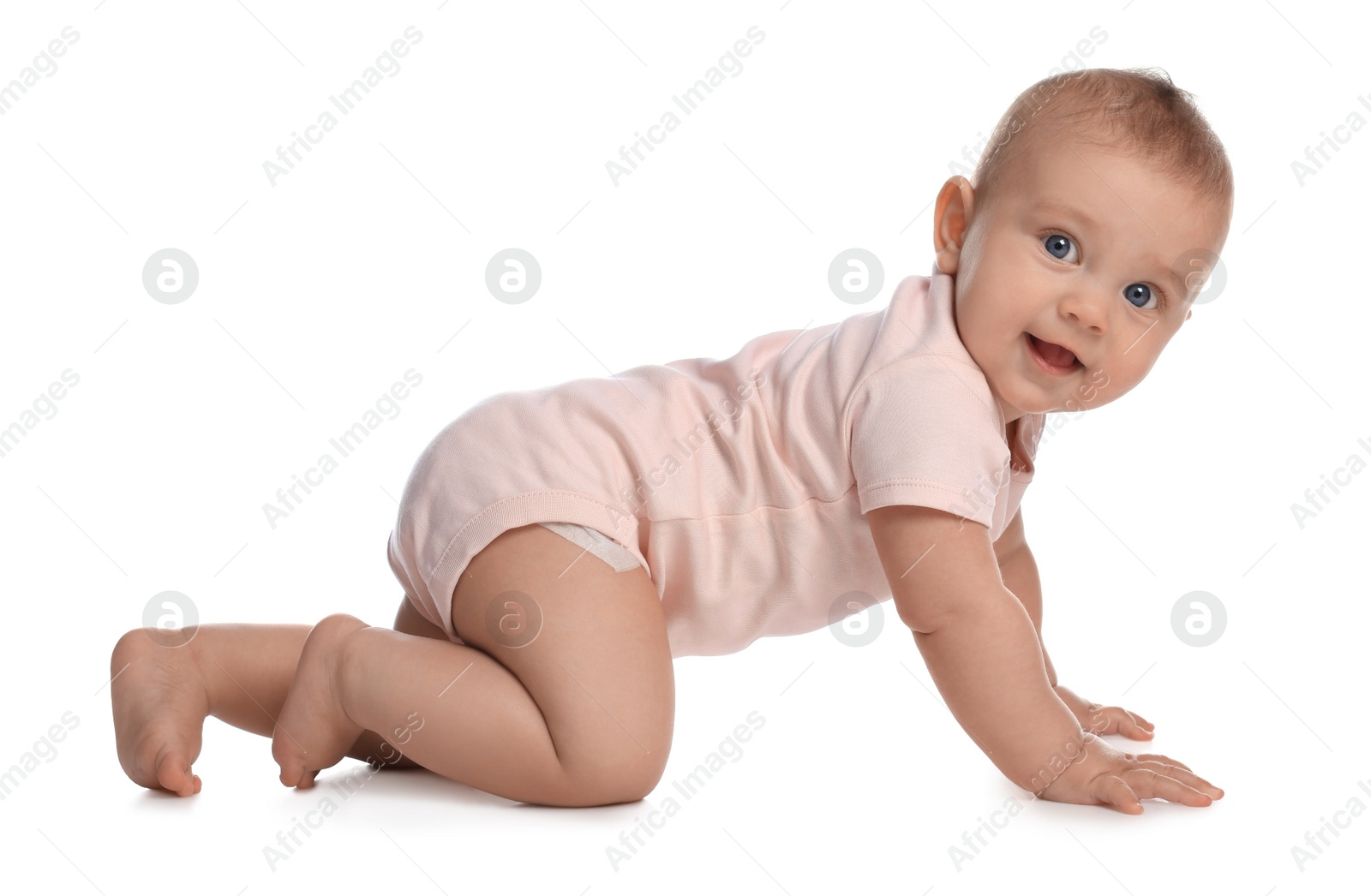 Photo of Cute little baby girl crawling on white background