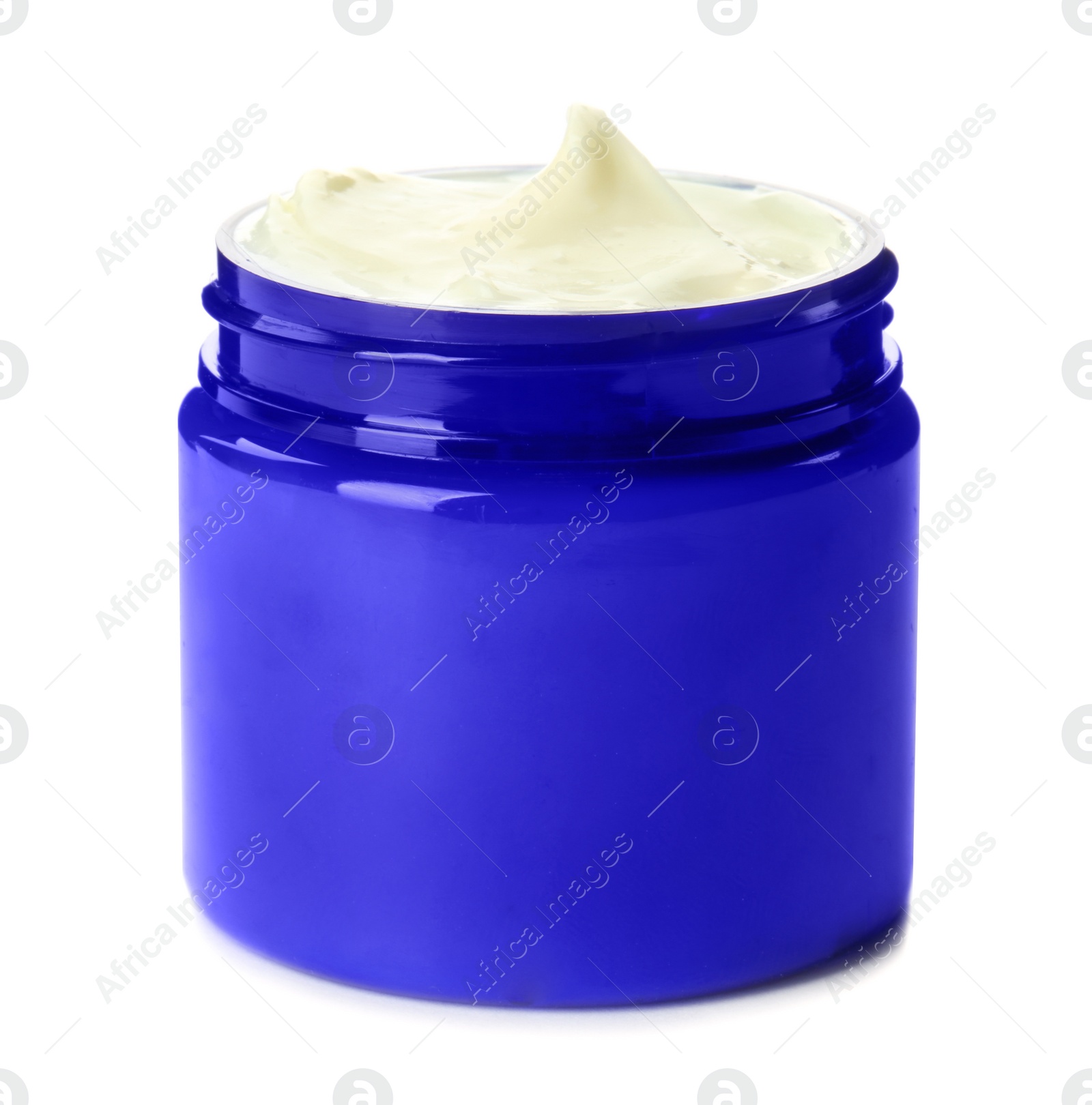 Photo of Jar with hand cream on white background