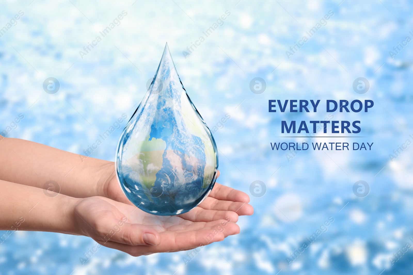 Image of World Water Day. Woman holding icon of drop with Earth image inside on blurred background, closeup