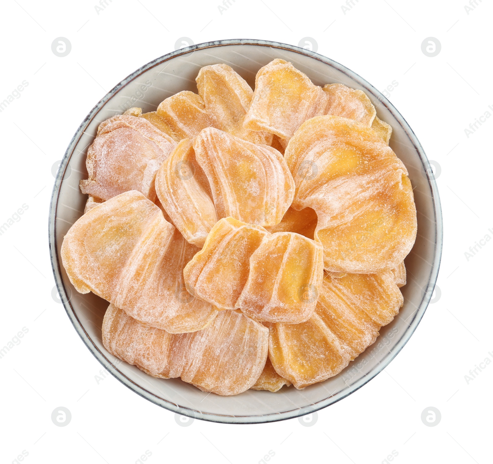 Photo of Delicious dried jackfruit slices in bowl isolated on white, top view