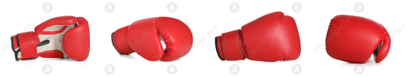 Image of Set with red boxing gloves on white background. Banner design