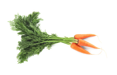 Fresh ripe juicy carrots isolated on white, top view