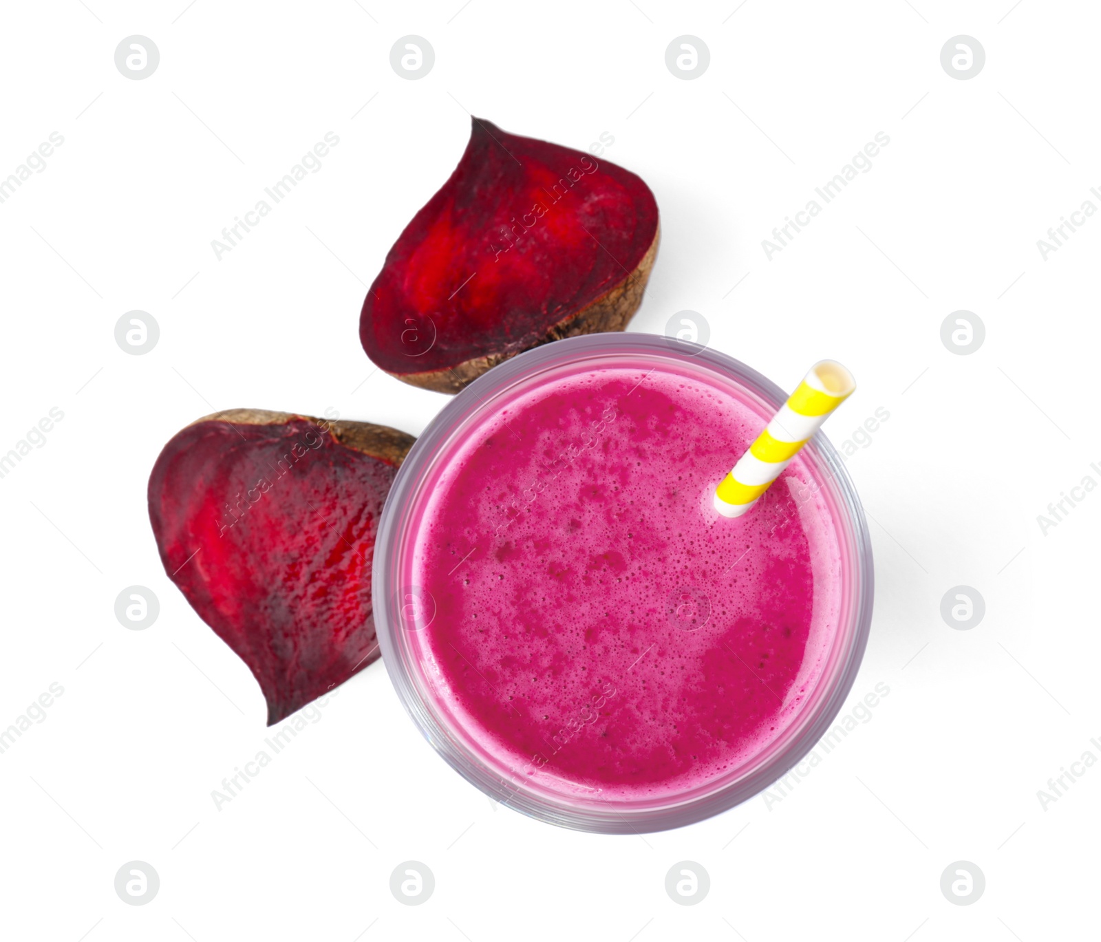 Photo of Glass with delicious detox smoothie on white background, top view