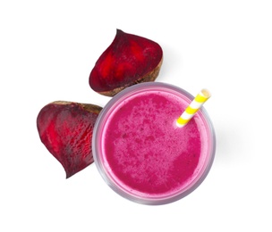 Photo of Glass with delicious detox smoothie on white background, top view