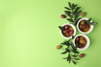 Bowls with different ripe olives and leaves on light green background, flat lay. Space for text