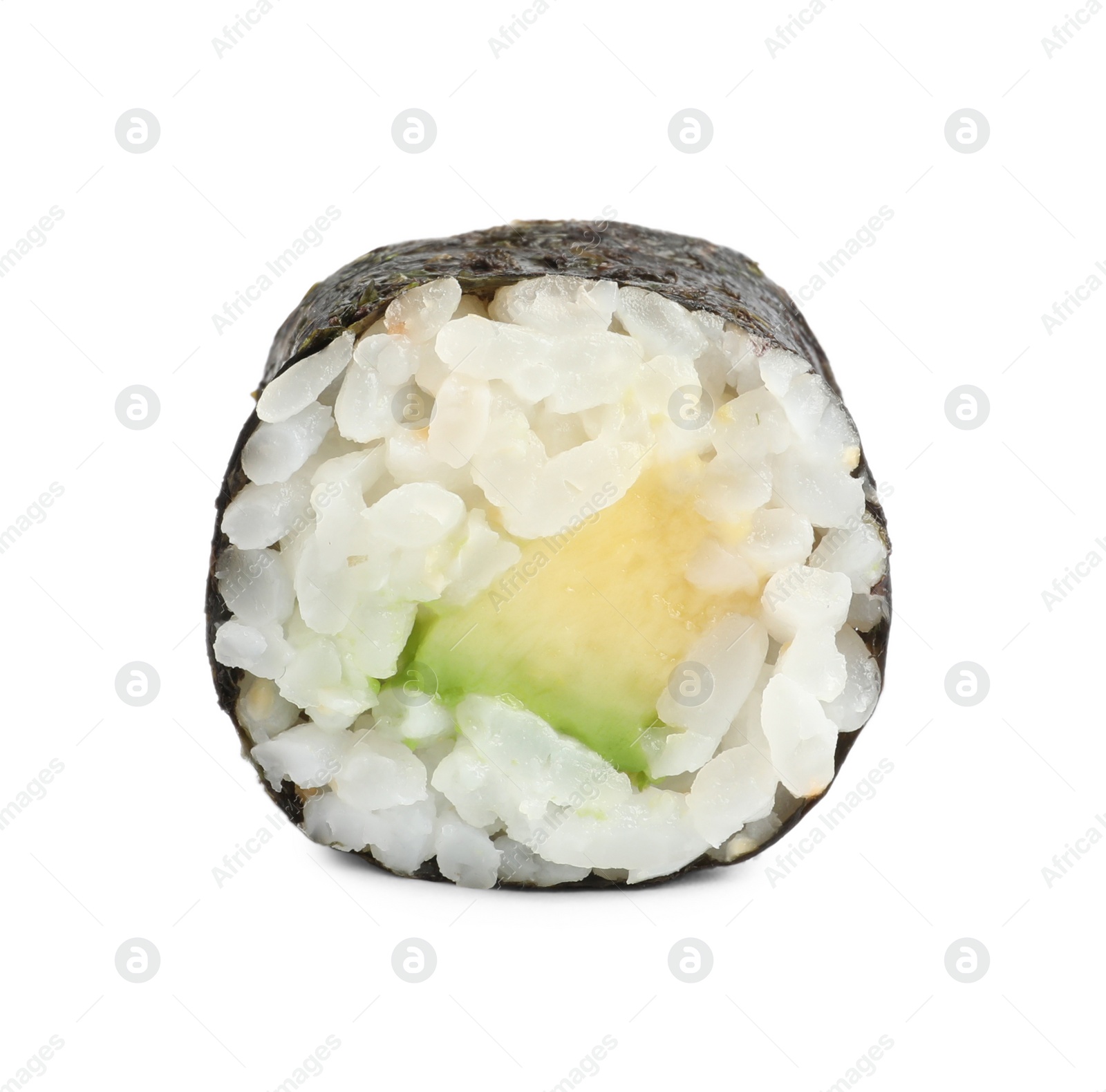 Photo of Delicious fresh sushi roll with avocado isolated on white