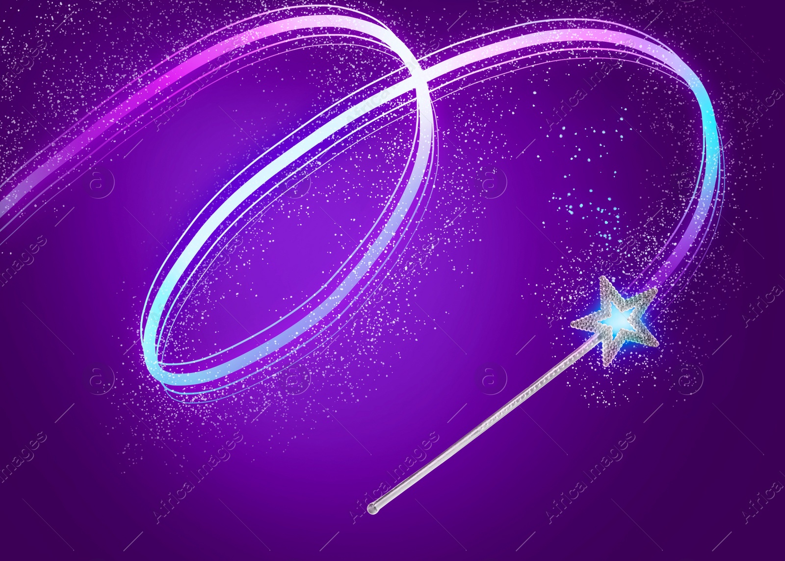 Image of Beautiful magic wand with fairy sparkle on violet background