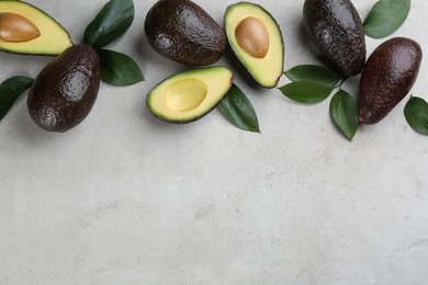 Photo of Whole and cut avocados with green leaves on light table, flat lay. Space for text