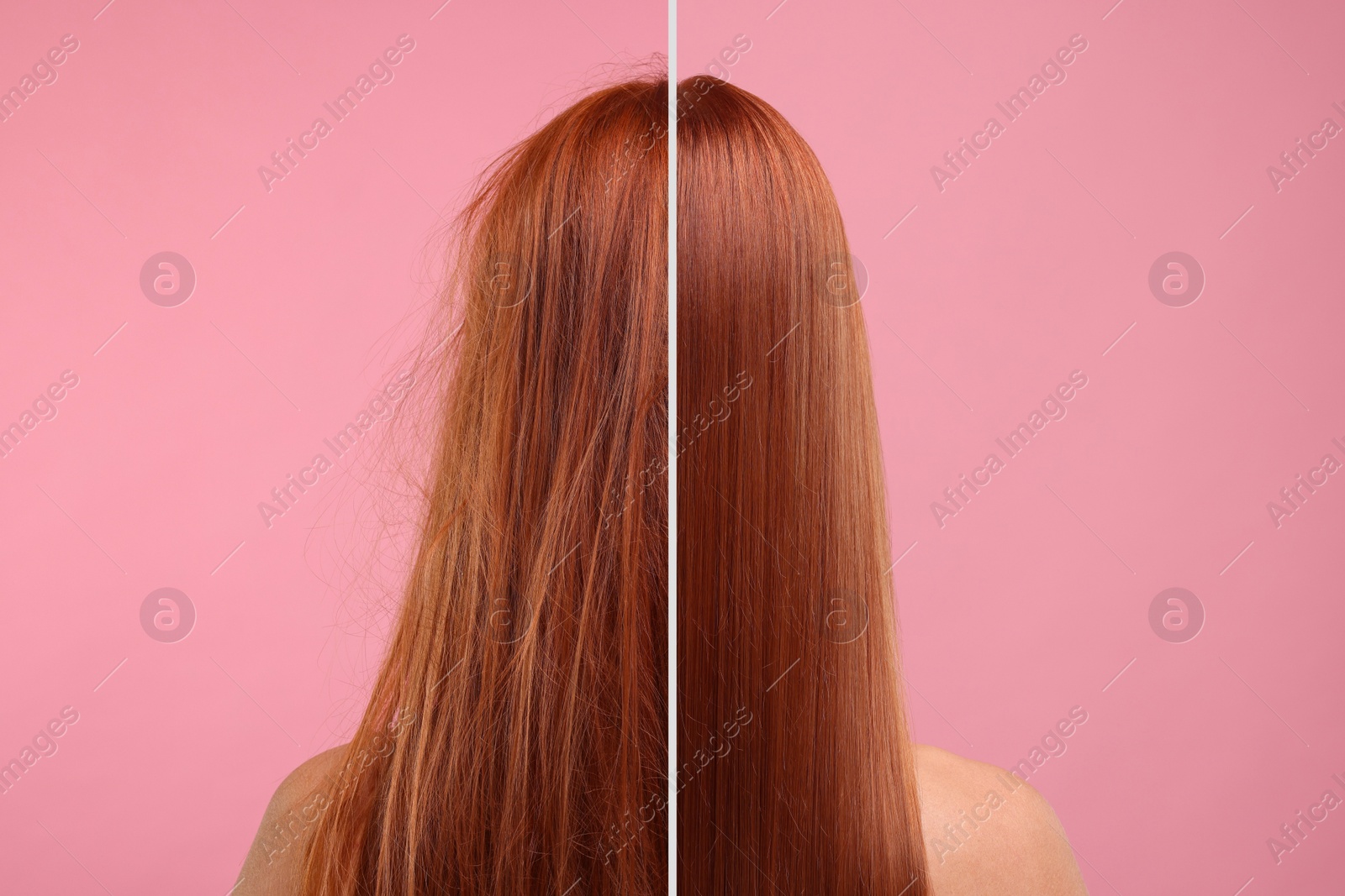 Image of Photo of woman divided into halves before and after hair treatment on pink background, back view