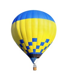 Image of Bright hot-air balloon with wicker basket on white background