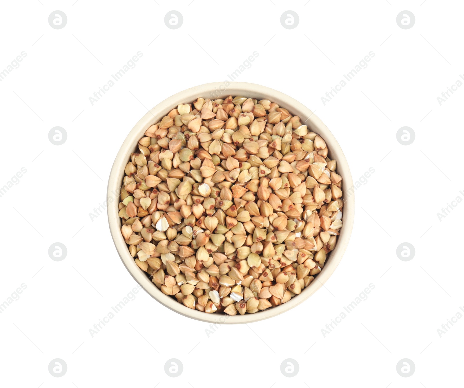 Photo of Green buckwheat in bowl isolated on white, top view