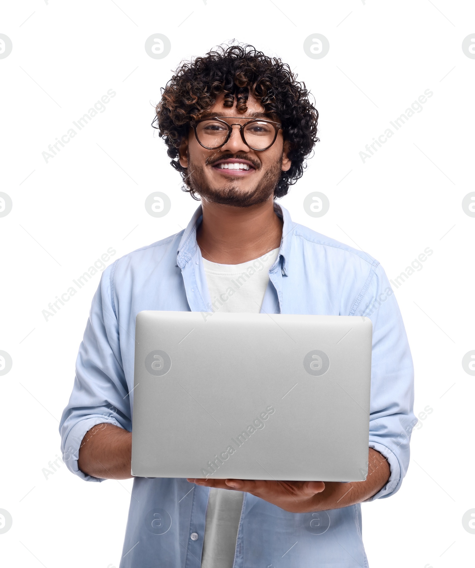 Photo of Smiling man with laptop on white background