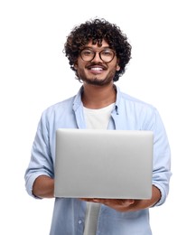 Smiling man with laptop on white background