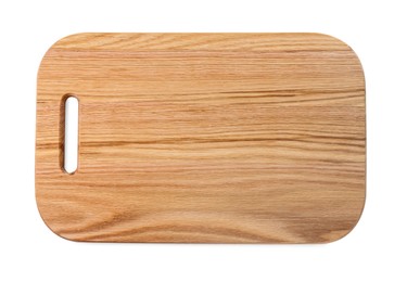 Photo of One wooden cutting board isolated on white, top view