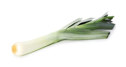 Fresh raw leek on white background. Ripe onion