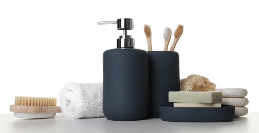 Bath accessories. Different personal care products on table against white background