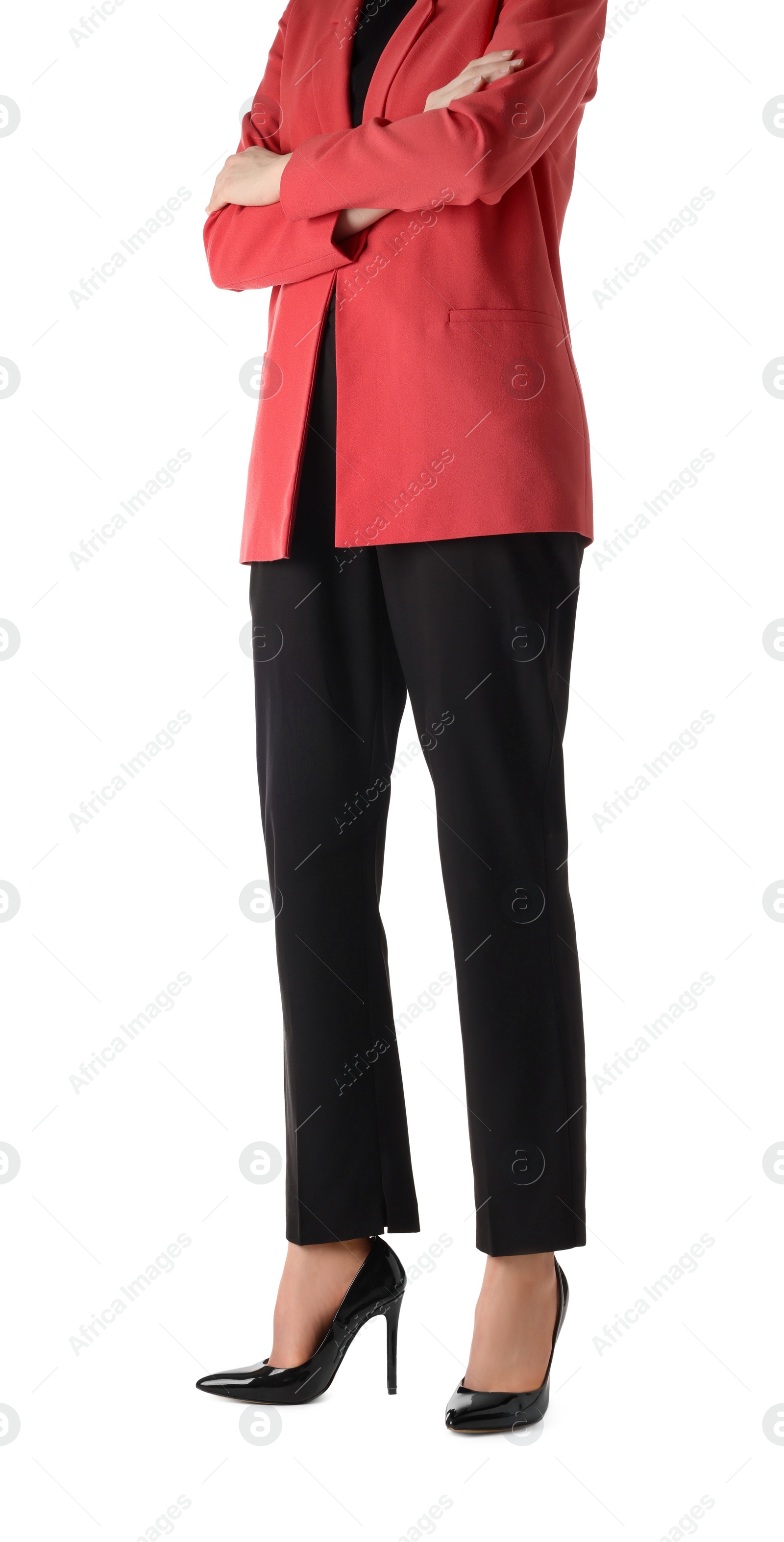 Photo of Businesswoman with crossed arms on white background, closeup