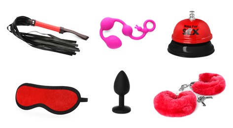 Set of different sex toys and accessories on white background, banner design