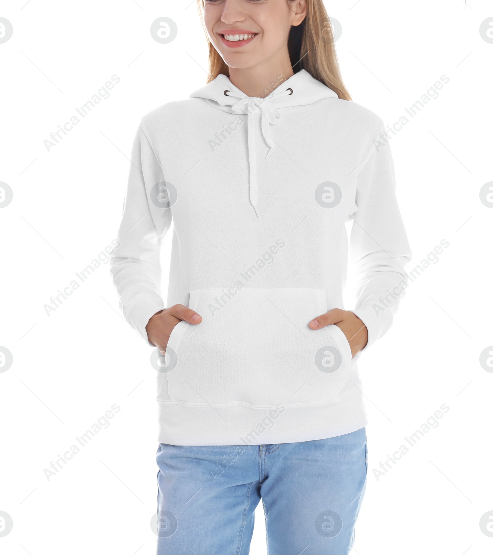 Photo of Woman in hoodie sweater on white background. Space for design