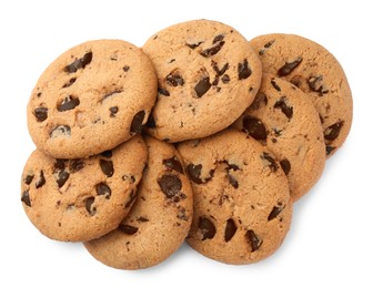 Delicious chocolate chip cookies isolated on white, top view