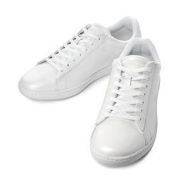 Photo of Pair of trendy sneakers on white background