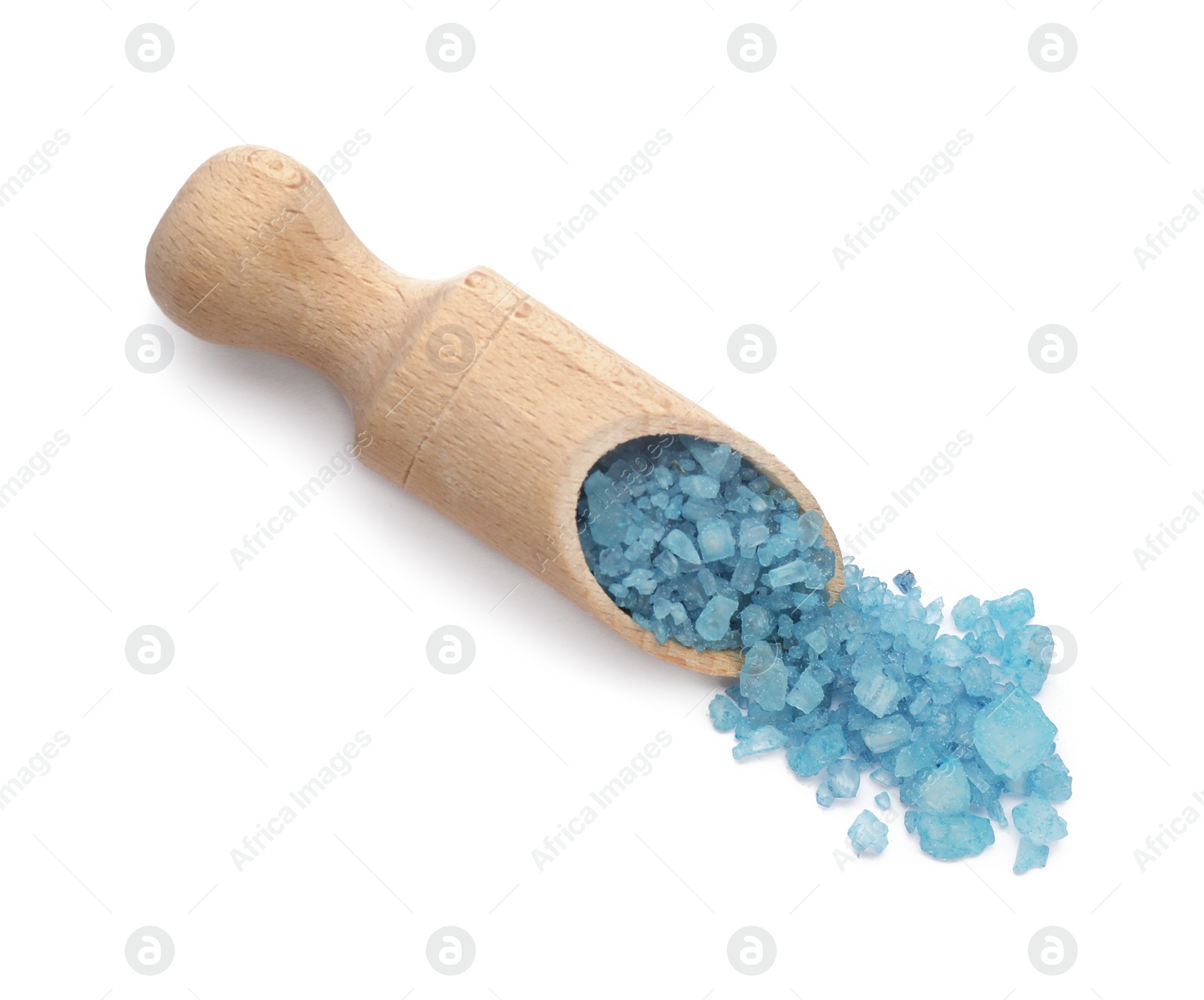 Photo of Scoop with blue sea salt isolated on white, top view