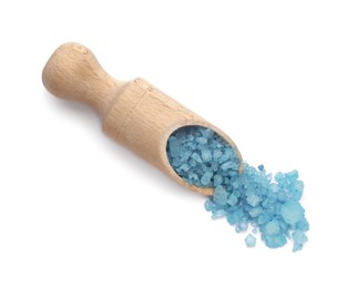 Photo of Scoop with blue sea salt isolated on white, top view