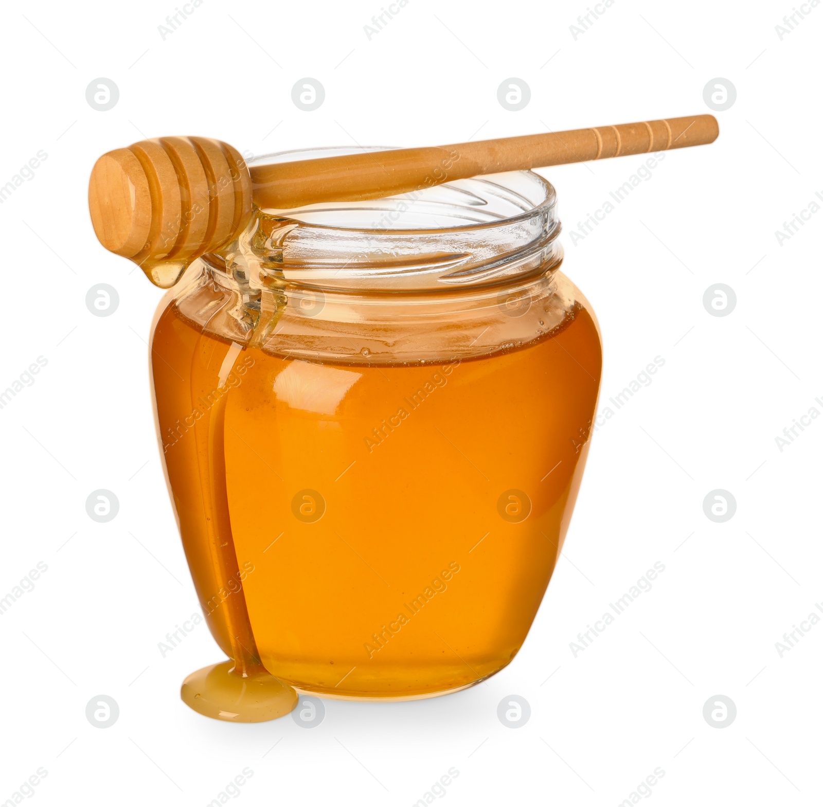 Photo of Tasty honey in glass jar and dipper isolated on white