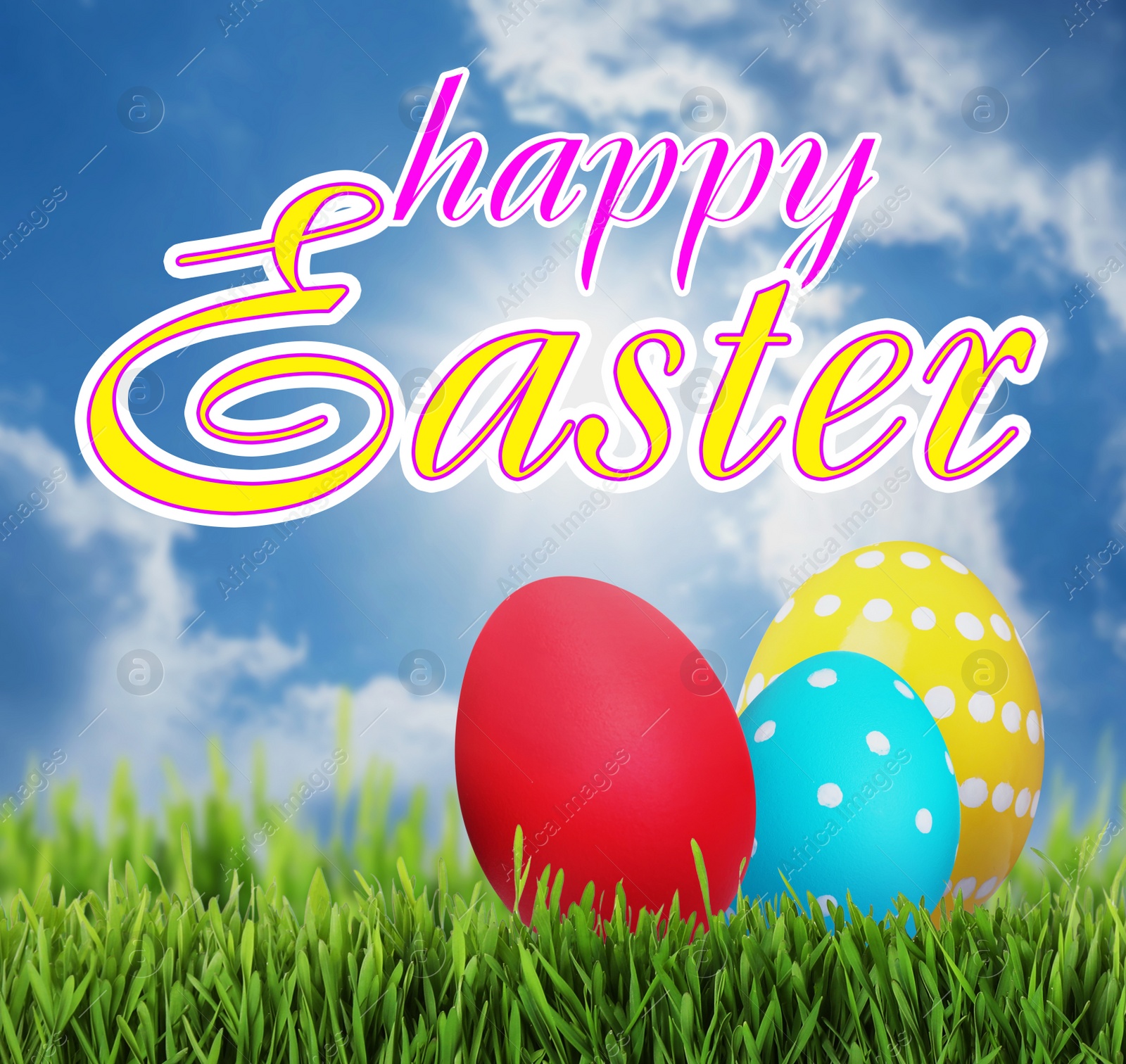 Image of Happy Easter. Bright eggs on green grass outdoors 