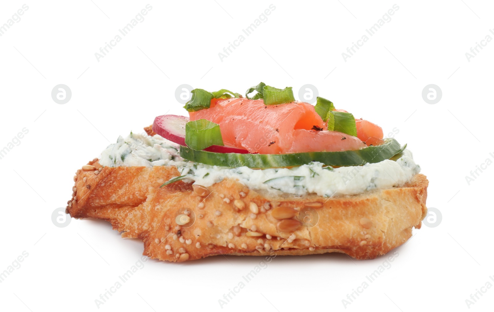 Photo of Tasty canape with salmon, cucumber, radish and cream cheese isolated on white