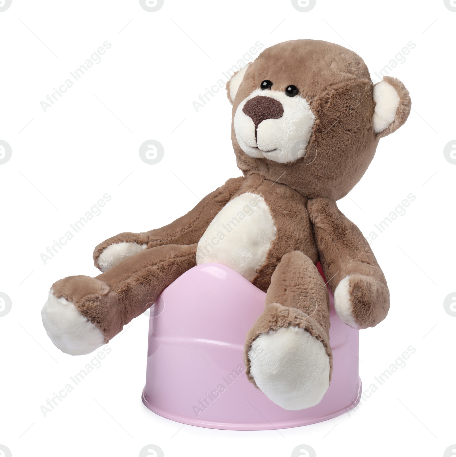 Photo of Teddy bear on pink baby potty isolated on white. Toilet training