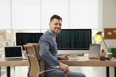 Happy programmer working at desk in office