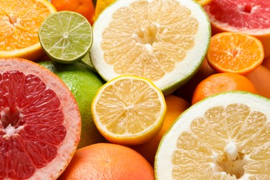 Different ripe citrus fruits as background, closeup