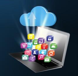 Image of Digital inheritance concept. Illustration of cloud with arrow and many icons over laptop on dark background
