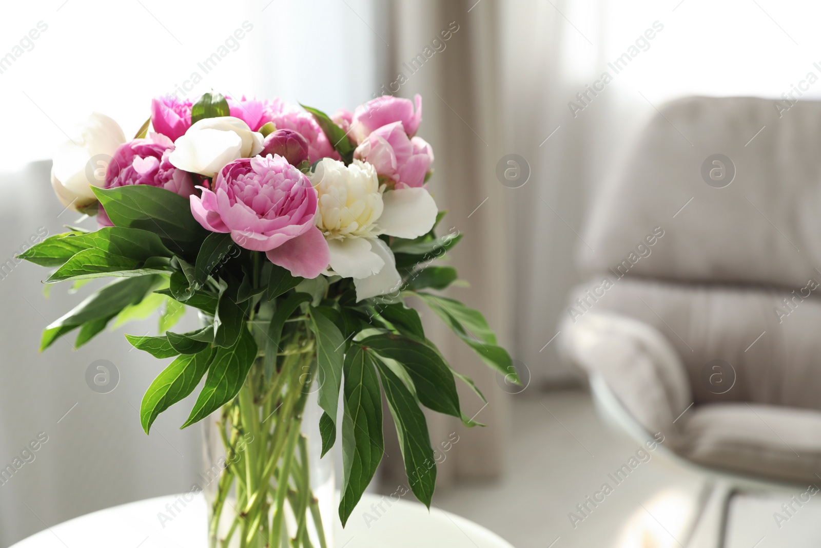 Photo of Vase with bouquet of beautiful peonies in room, space for text