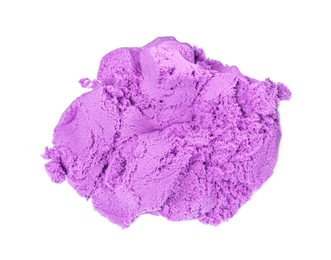 Photo of Pile of violet kinetic sand on white background, top view