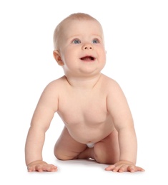 Photo of Cute little baby crawling on white background