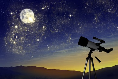 Astronomy. Viewing beautiful starry sky with full moon through telescope at night