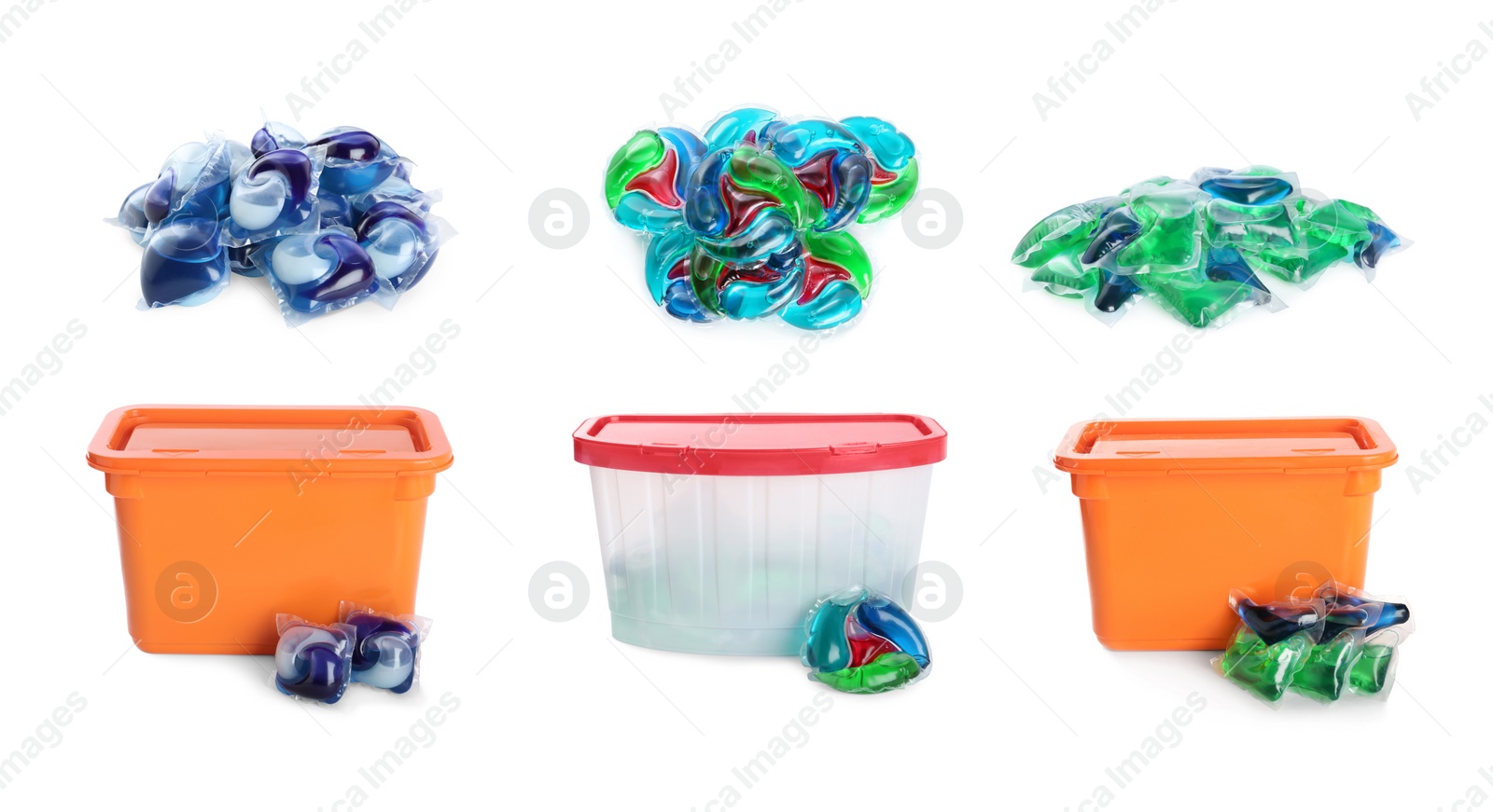 Image of Set with laundry capsules on white background, banner design. Detergent pods