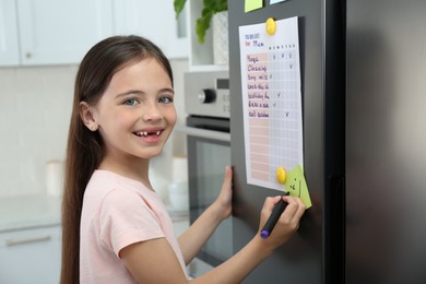 Little girl drawing funny face on note near to do list in kitchen