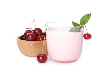 Photo of Tasty fresh milk shake with cherries on white background