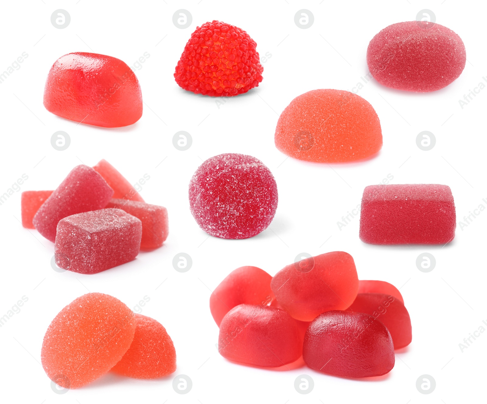 Image of Set of different jelly candies on white background