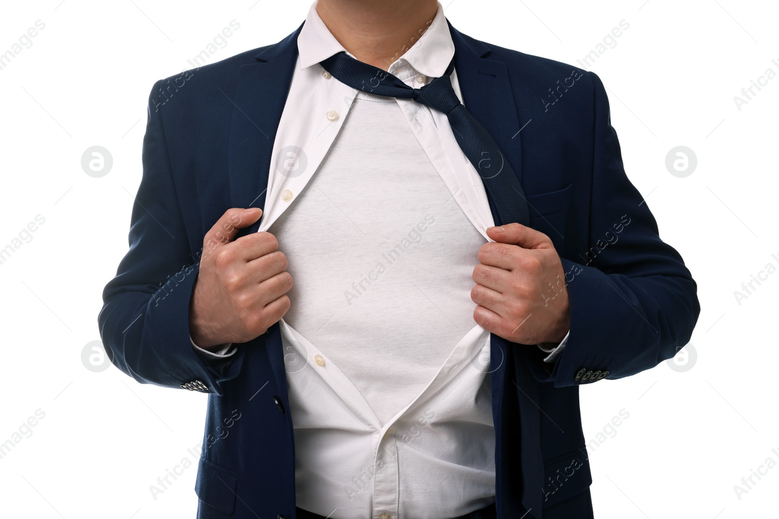 Photo of Businessman wearing superhero costume under suit on white background, closeup