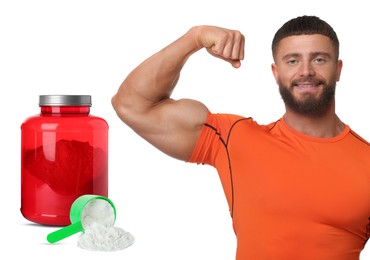 Image of Bodybuilding. Man showing biceps on white background. Protein powder in jar and measuring cup