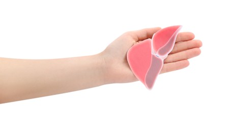 Photo of Woman holding paper liver on white background, closeup and top view. Hepatitis treatment